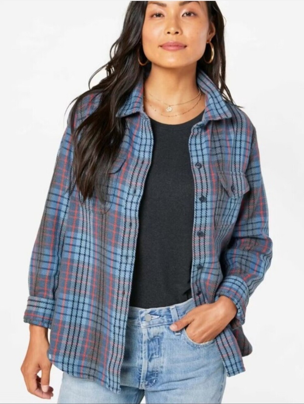 Outerknown Women's Flannel Blanket Shirt Pacific Old Coast Blue Plaid Large